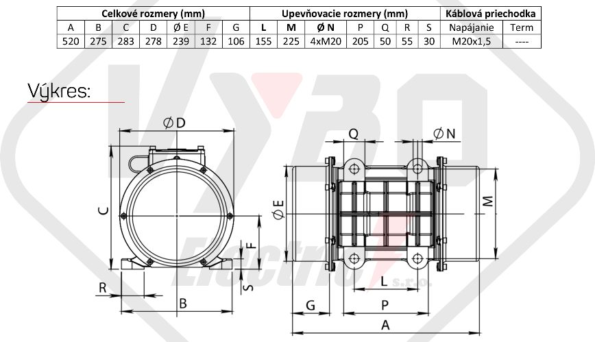 rozmerový výkres vibračný elektromotor BM2700-15