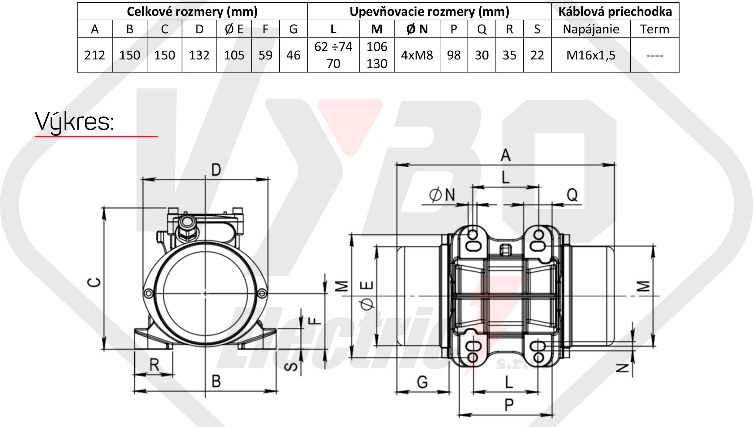 rozmerový výkres vibračný elektromotor BM30-15