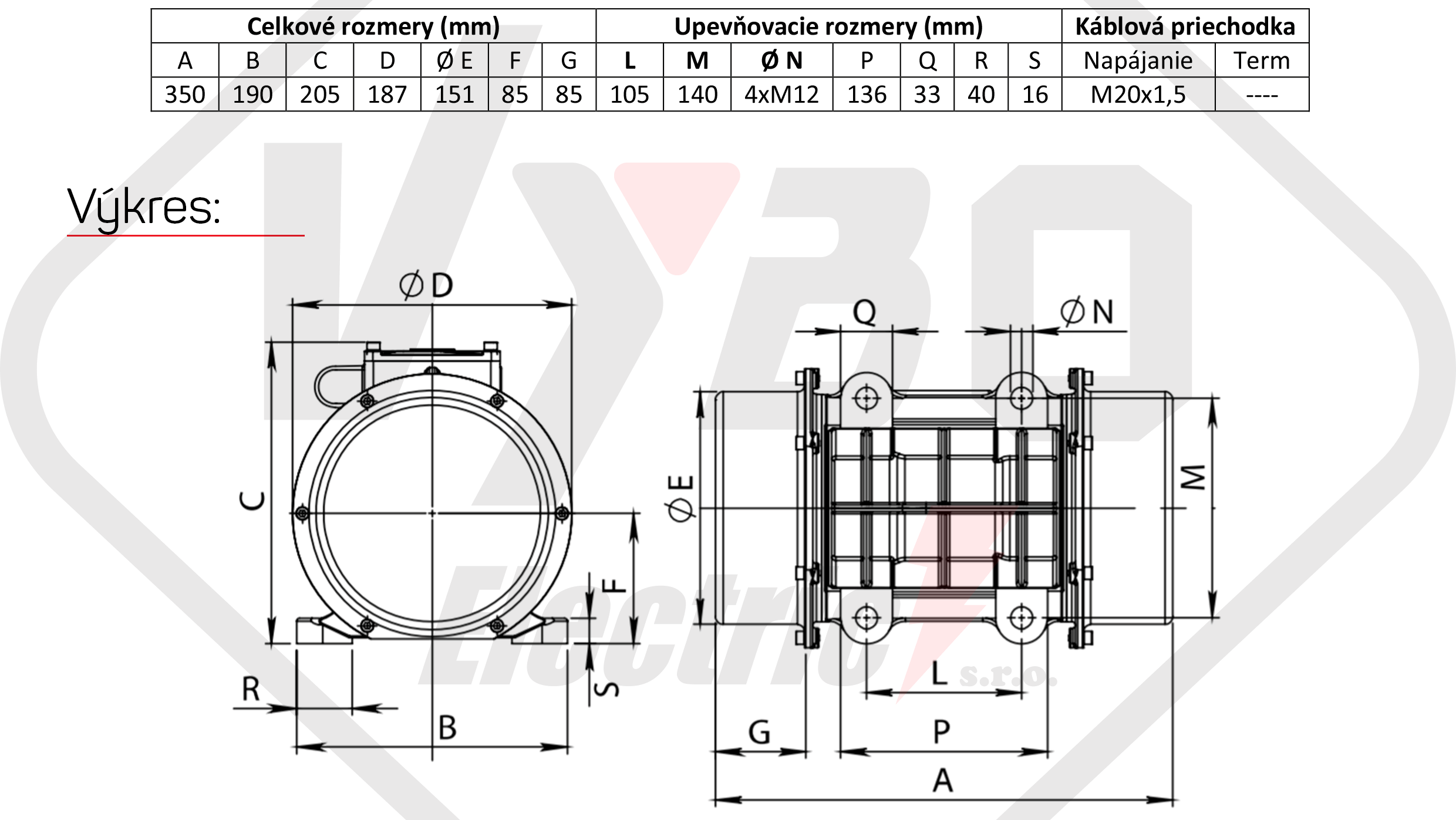 rozmerový výkres vibračný elektromotor BM400-15