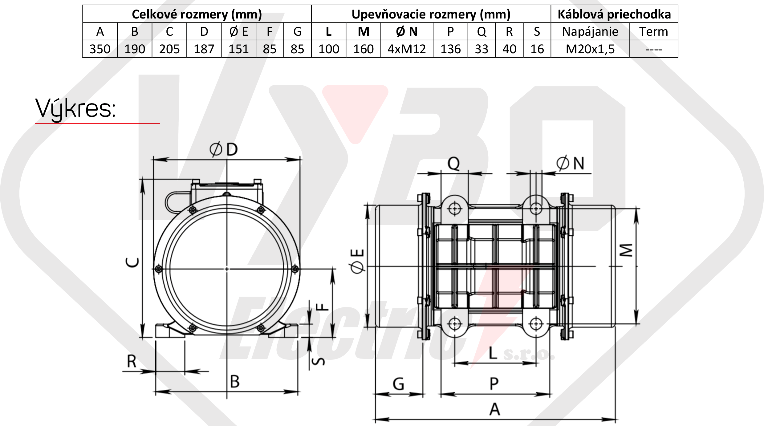 rozmerový výkres vibračný elektromotor BM400-15