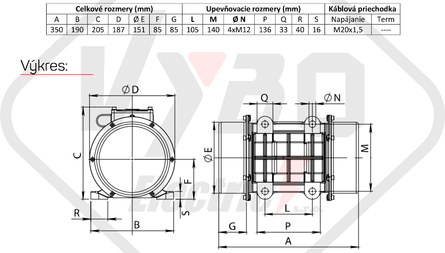 rozmerový výkres vibračný elektromotor BM520-15-V