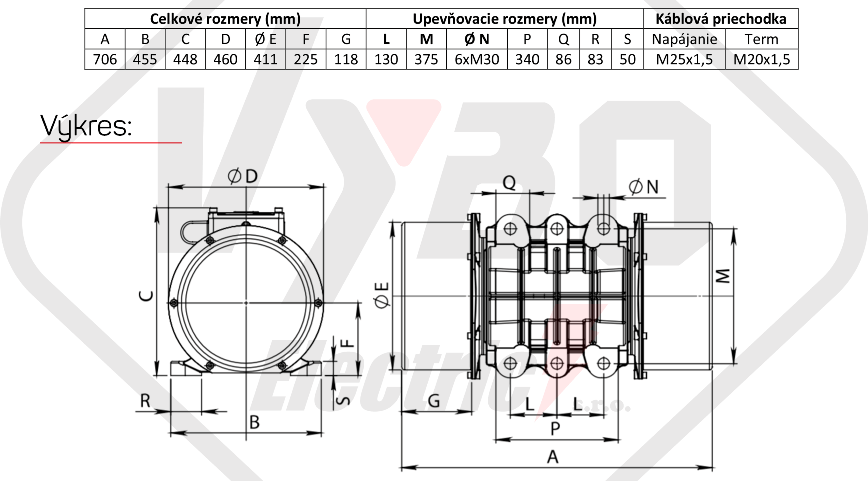 rozmerový výkres vibračný elektromotor BM9500-15