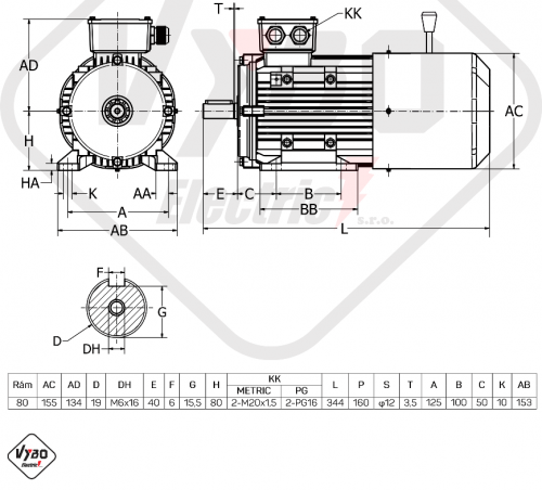 rozmerový výkres brzdový elektromotor 0,75kw 1ALBR801-2