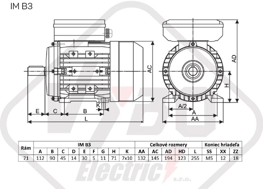 rozmerový výkres elektromotor 0,37kw 1ml711-2