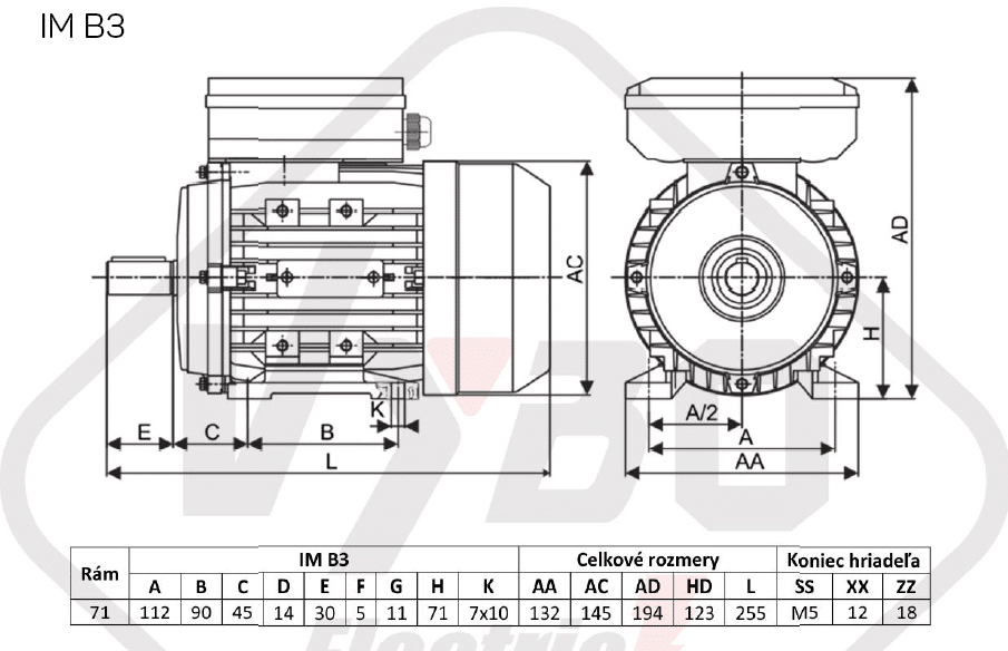 rozmerový výkres elektromotor 0,37kw 1ml712-4