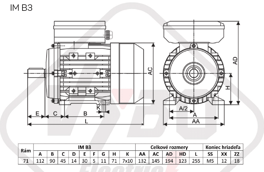 rozmerový výkres elektromotor 0,55kw 1ml712-2