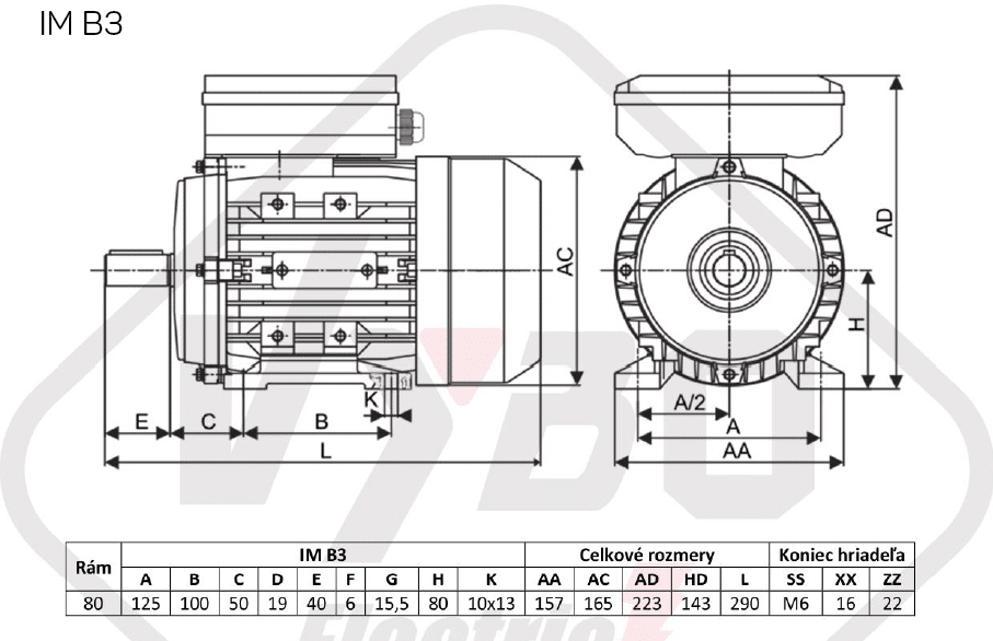 rozmerový výkres elektromotor 0,55kw 1ml801-4