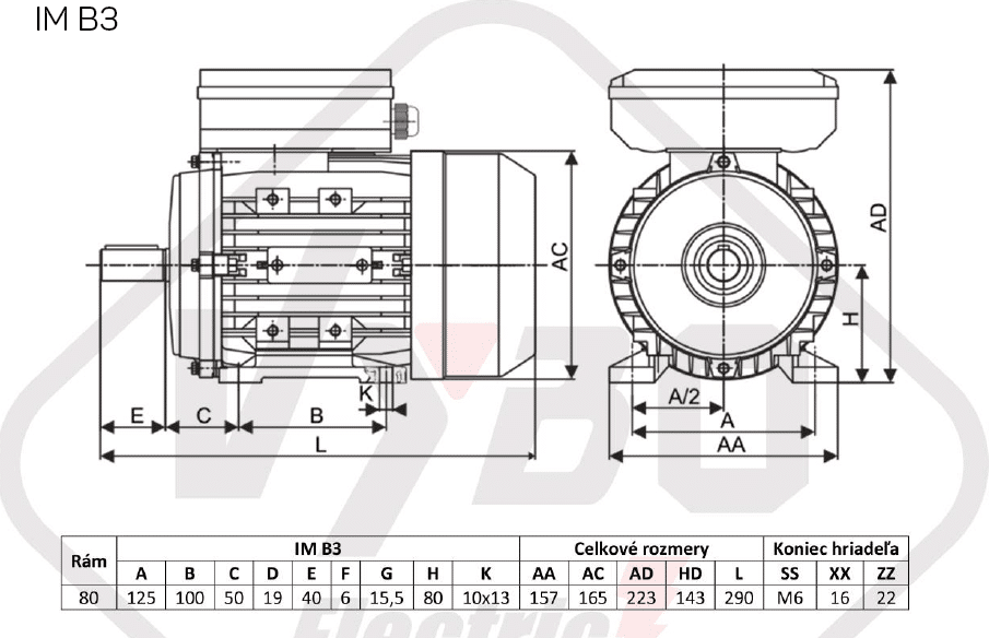 rozmerový výkres elektromotor 0,75kw 1ml801-2