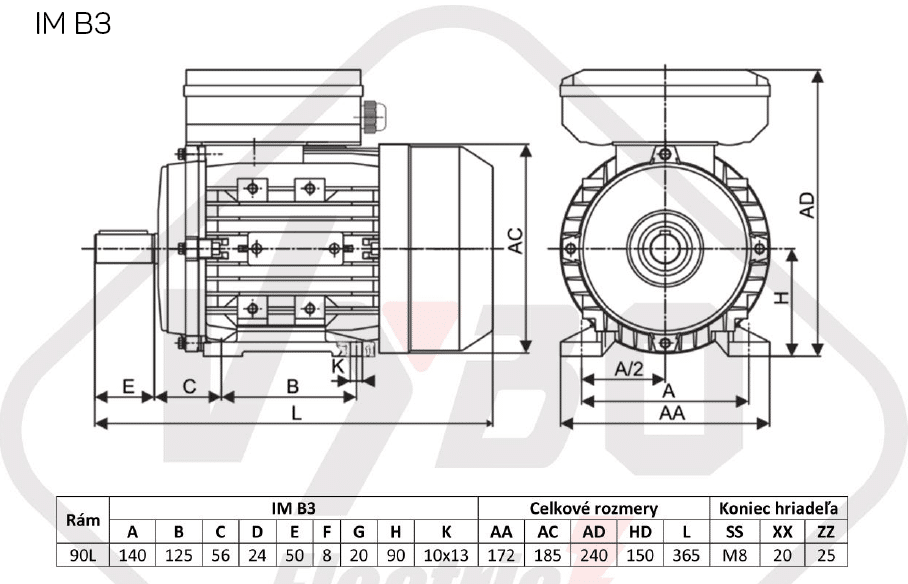 rozmerový výkres elektromotor 1,5kw 1ml90L1-2