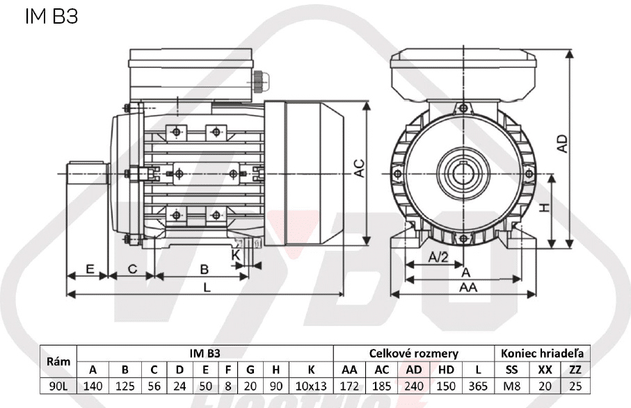 rozmerový výkres elektromotor 1,5kw 1ml90L2-4