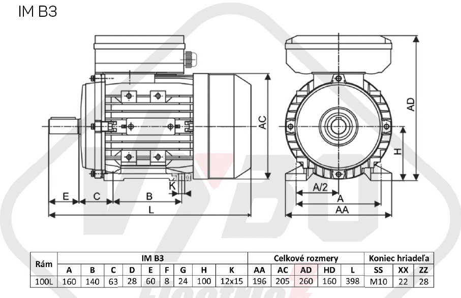 rozmerový výkres elektromotor 3kw 1ml100L-2