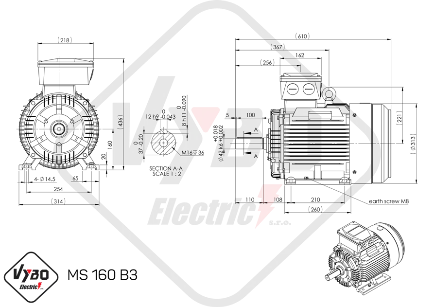 rozmerový výkres elektromotor ms160-4 15kw