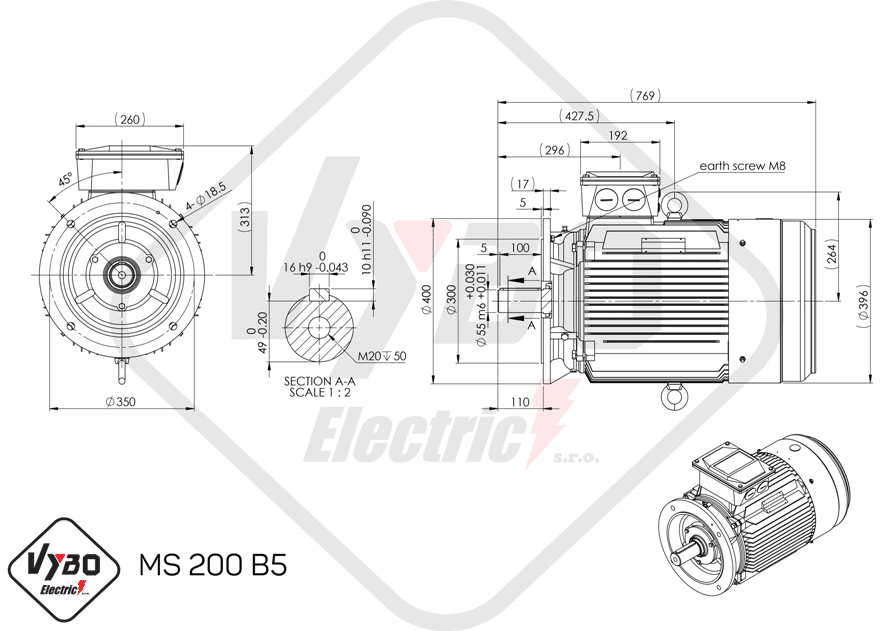rozmerový výkres elektromotor ms200-6 18.5kw