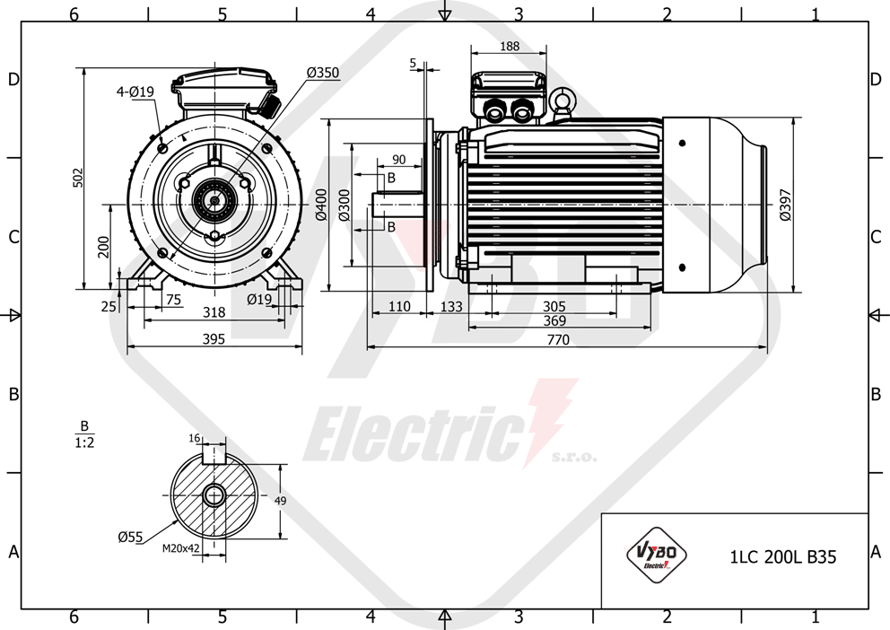 rozmerový výkres elektromotor 15kW LC200L-8 B35