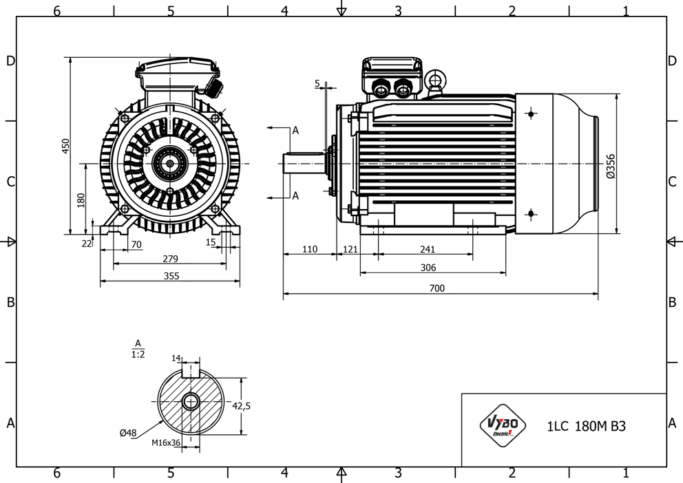 rozmerový výkres elektromotor 18.5kW LC180M-4 B3