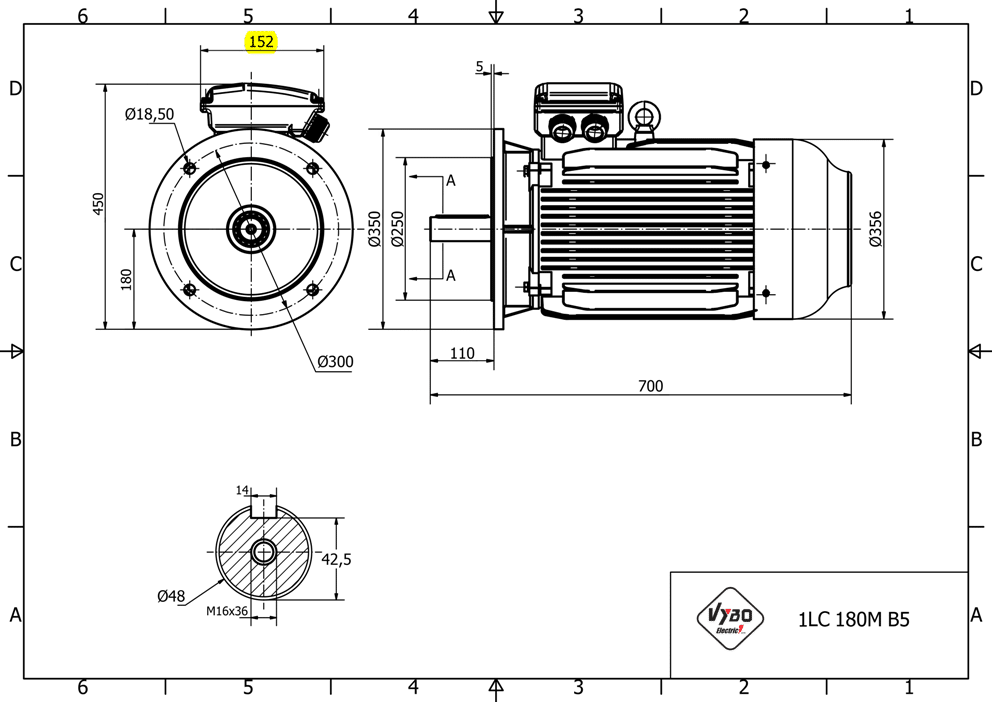 rozmerový výkres elektromotor 18.5kW LC180M-4 B5