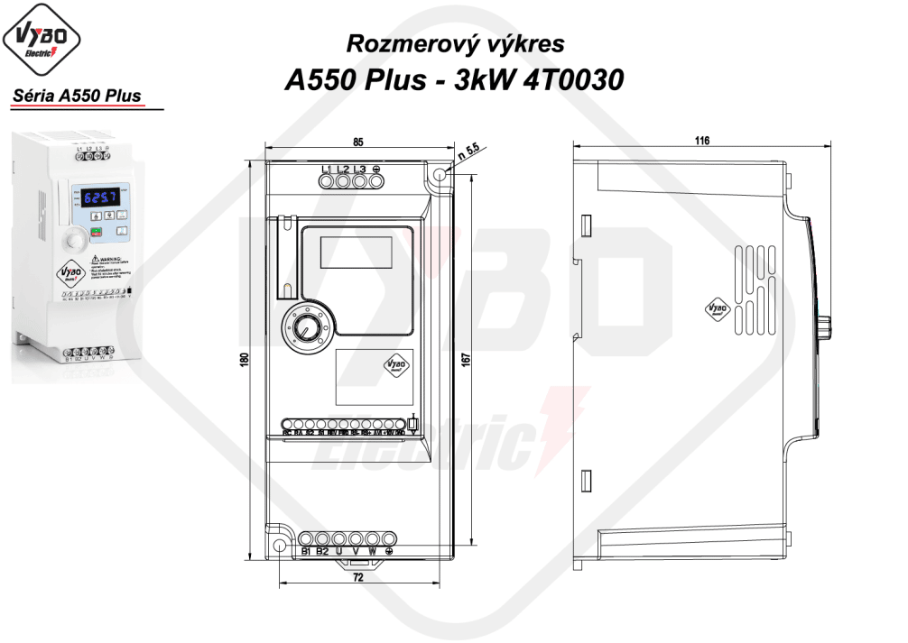 rozmerový výkres frekvenčný menič A550 Plus 4T0030