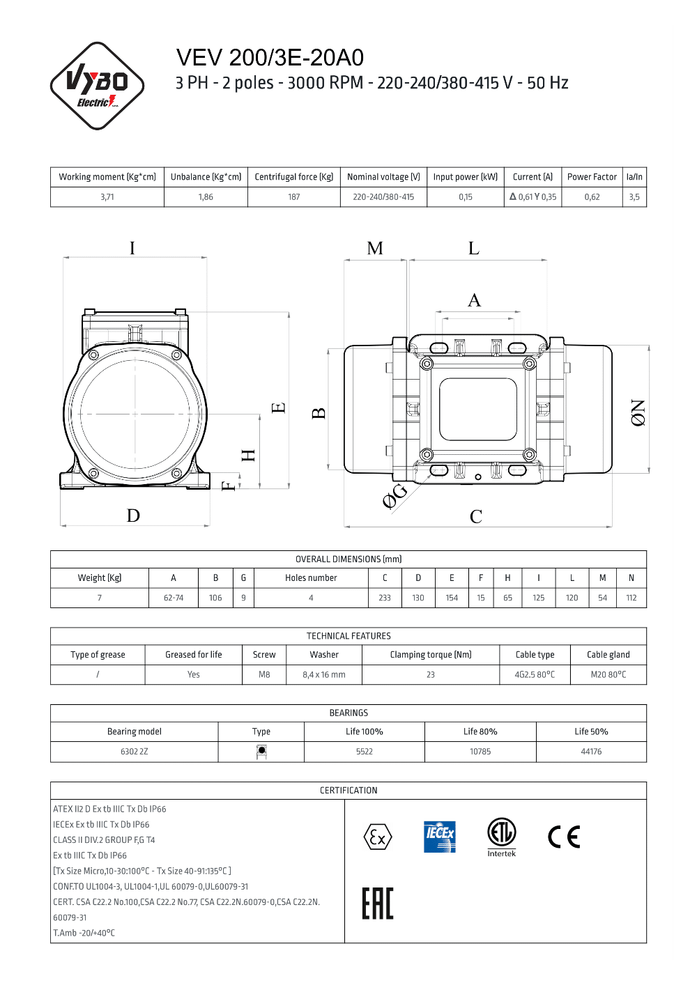 vibračný motor vibromotor VEV 200-3E-20AO