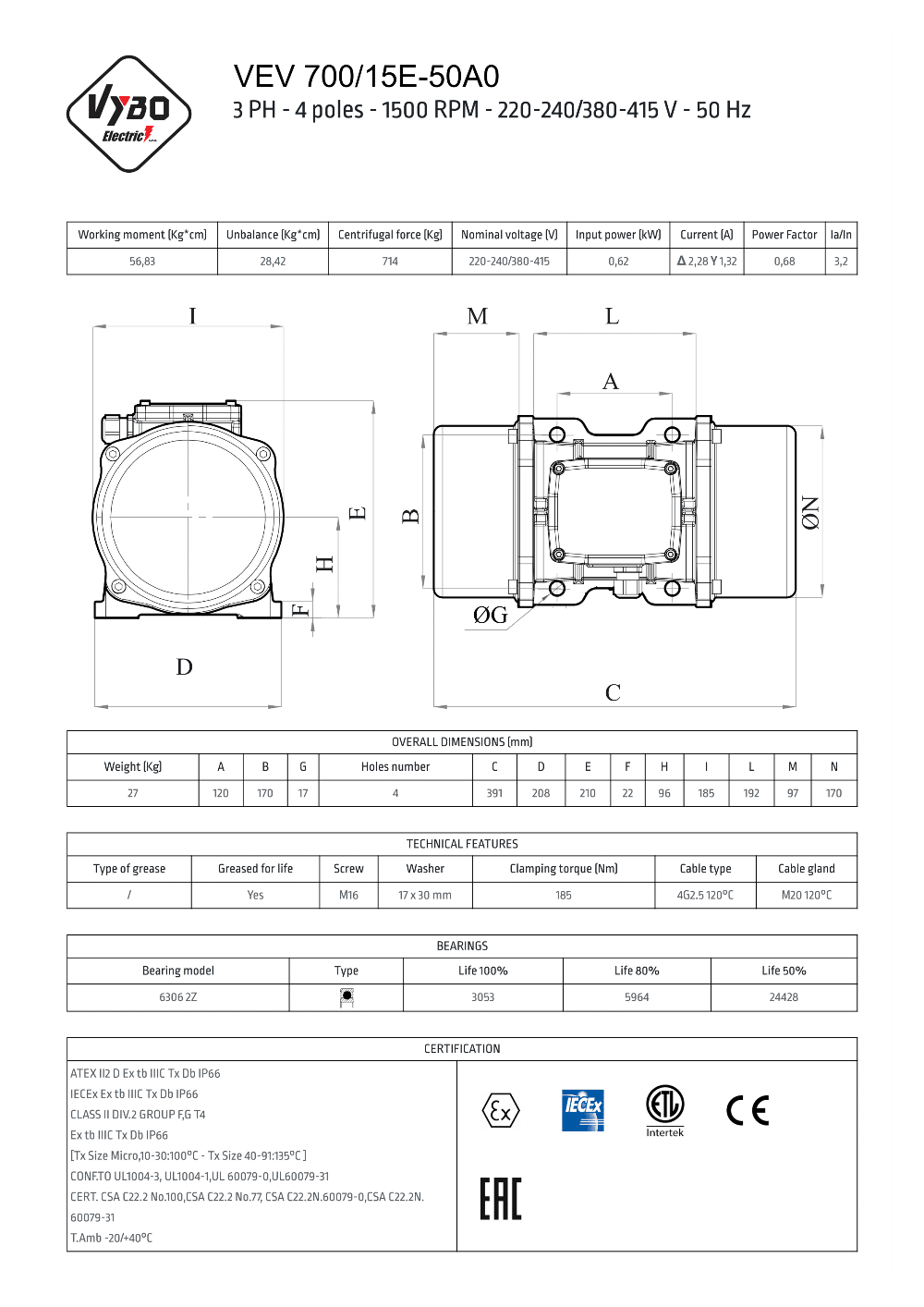 vibračný motor vibromotor VEV 700-15E-50AO