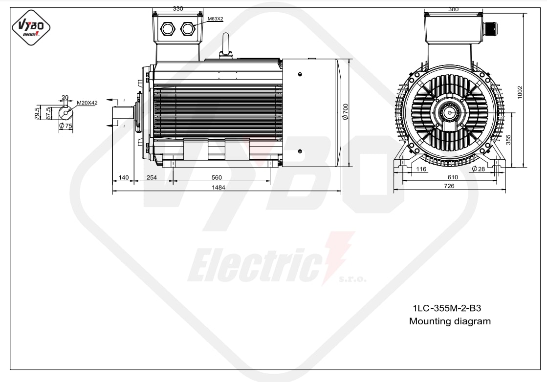 rozmerový výkres elektromotor 250kW LC355M-2 B3