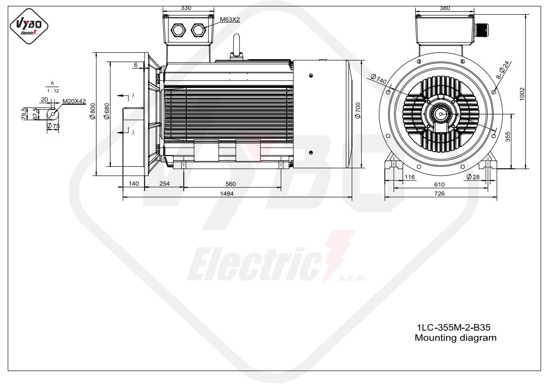 rozmerový výkres elektromotor 250kW LC355M-2 B35