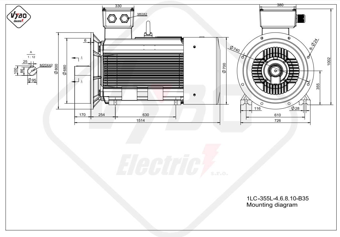 rozmerový výkres elektromotor 315kw LC355L-4 B35