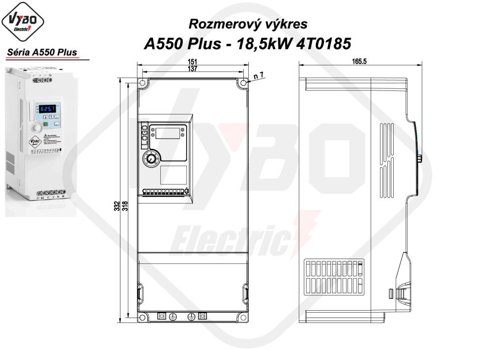 rozmerový výkres frekvenčný menič A550 Plus 4T0185